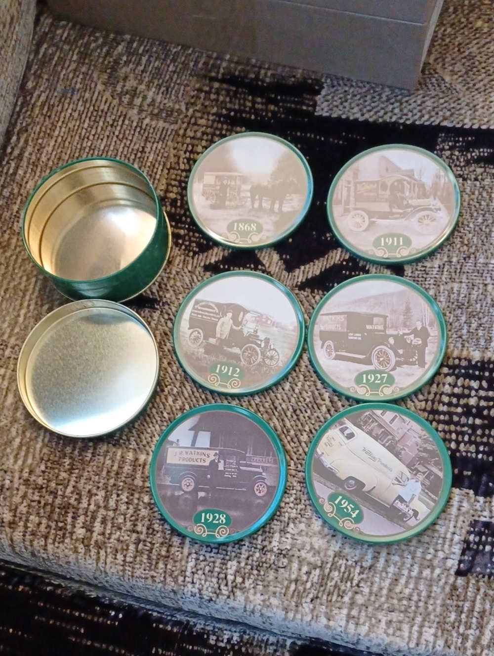 4/$60 Green Vintage Photo Decorative Tin Coasters - Set of 6
